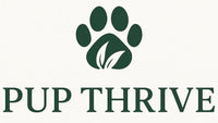 Logo for 'Pup Thrive' with a green paw print and leaves on a white background