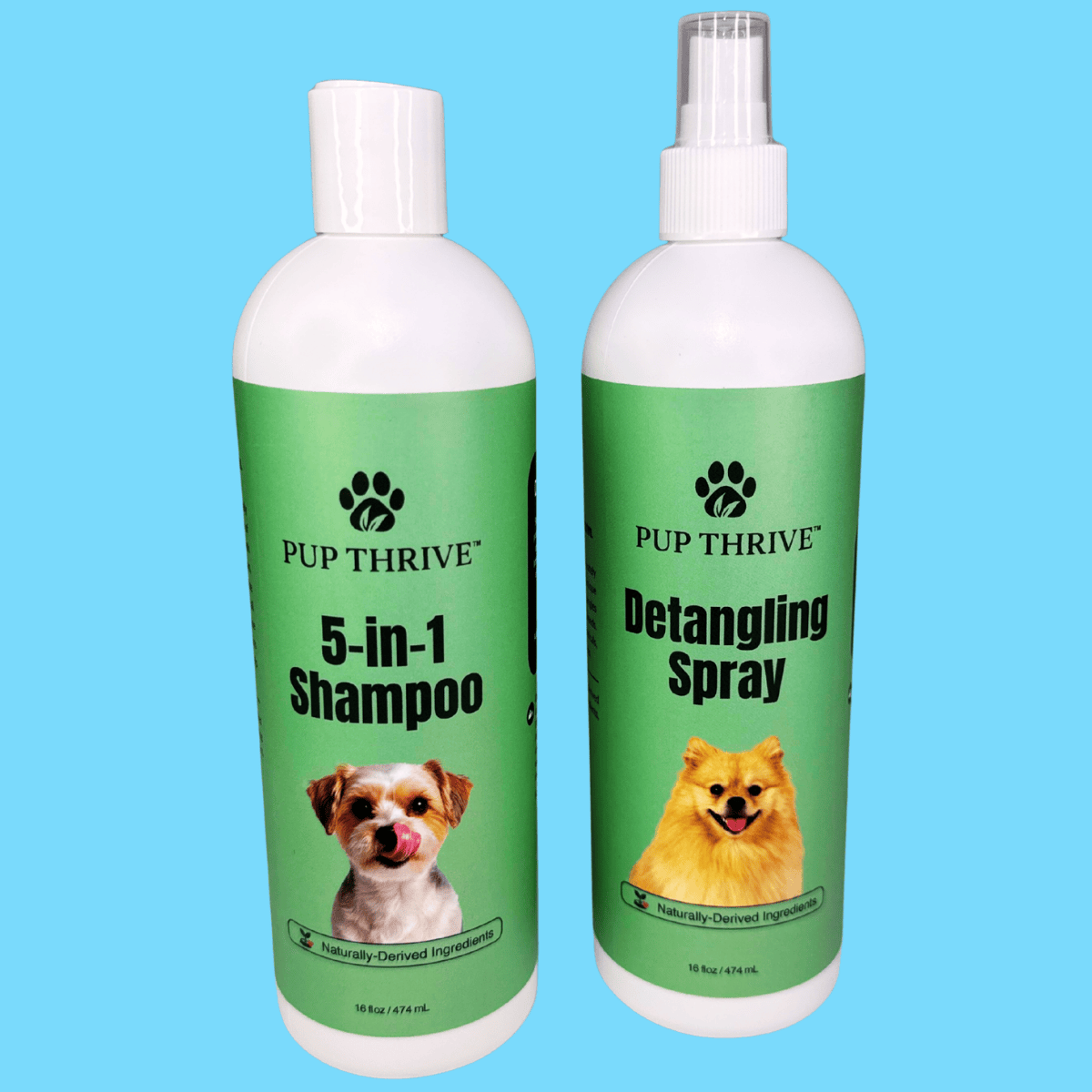 A bottle of Pup Thrive 5-in-1 natural shampoo and a bottle of natural detangling spray sit against a blue background