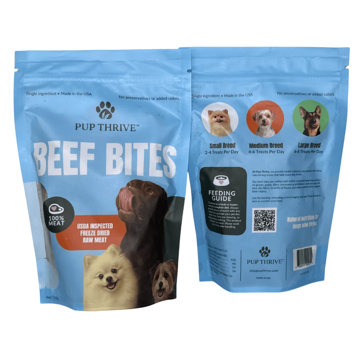 Pup Thrive Beef Bites dog treat package on a white background