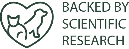 Logo with a heart containing a cat and dog silhouette, and text 'Backed by Scientific Research'.