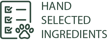 Logo with paw print and text 'Hand Selected Ingredients' on a white background