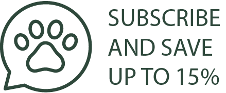 Icon of a paw print in a speech bubble with text 'Subscribe and save up to 15%' on a white background