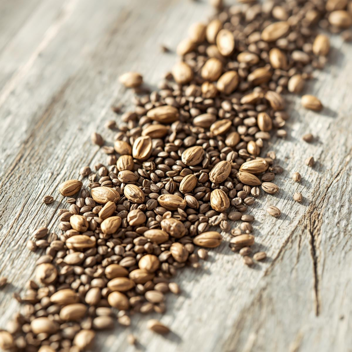 Cha seeds and flax seeds on a wooden background