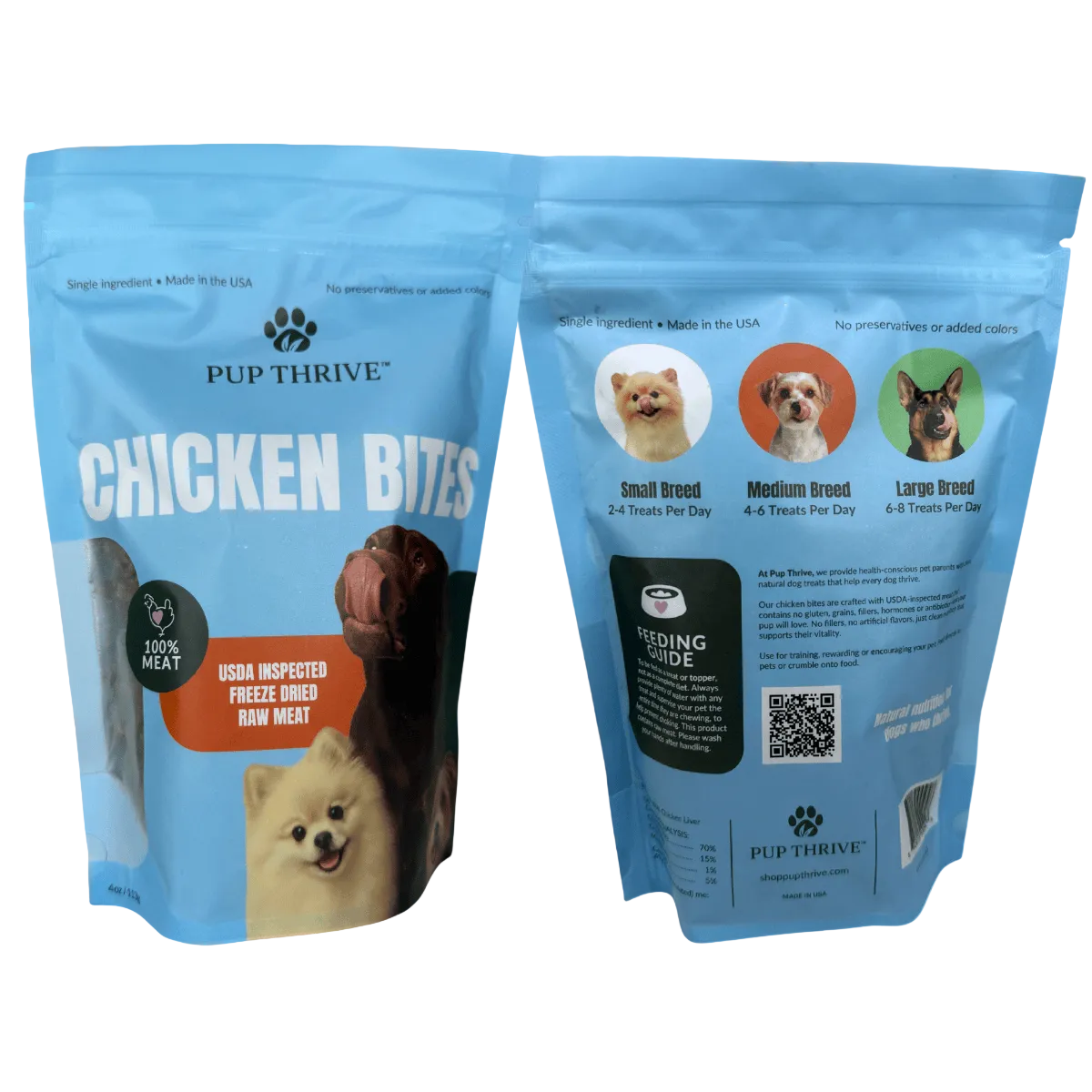 Pup Thrive Chicken Bites dog food packaging on a white background