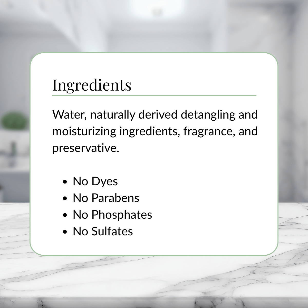 Ingredients list on a white card with a marble background