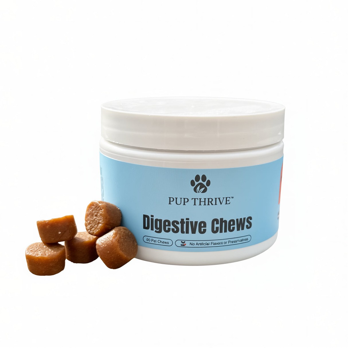 Jar of Pup Thrive Digestive Chews with treats on a white background