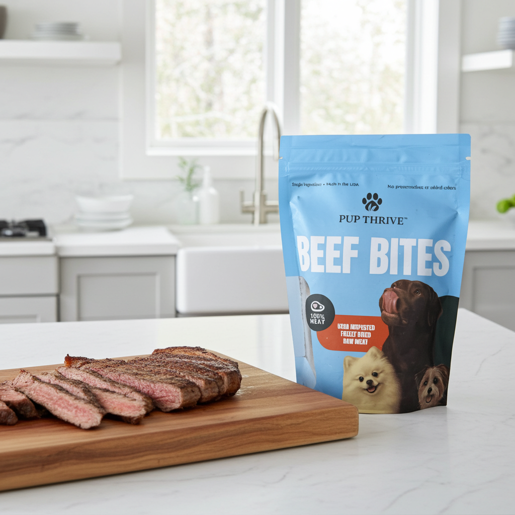 Pup Thrive Beef Bites package on a kitchen counter with sliced beef on a cutting board.