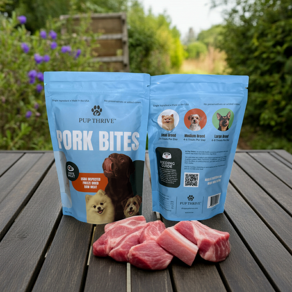 Two packages of PUP THRIVE Pork Bites on a wooden table with raw pork pieces in front, outdoors.