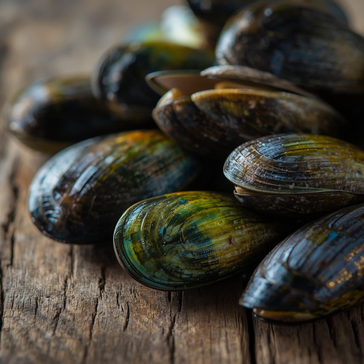 Green-Lipped Mussels on a wooden surface