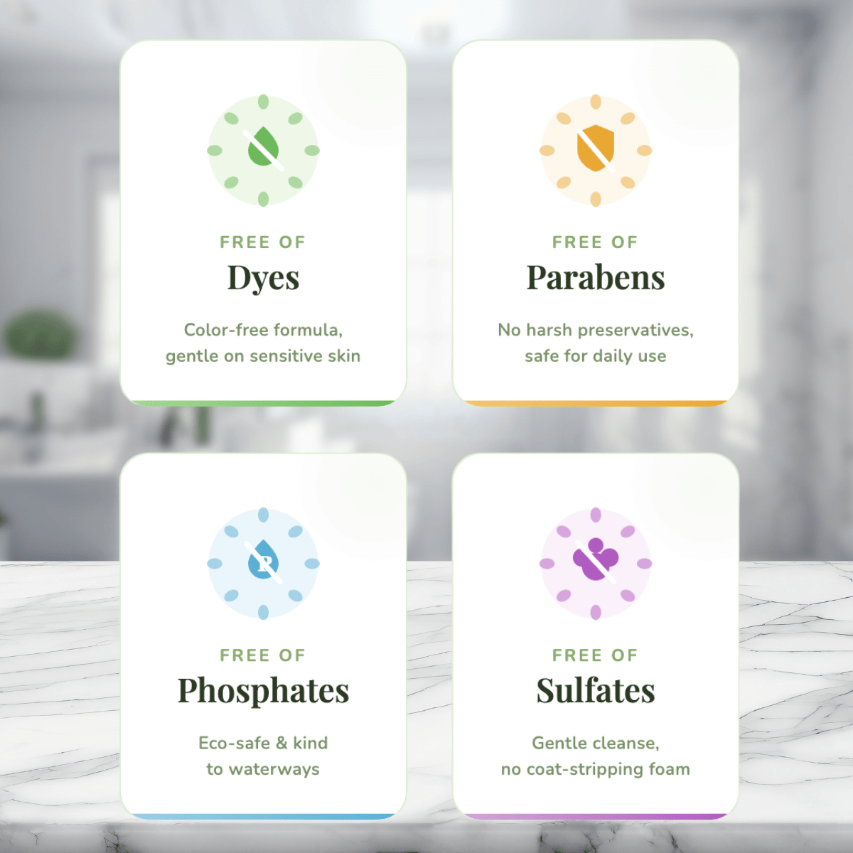 Four cards indicating product features like being free of dyes, parabens, phosphates, and sulfates on a blurred background.