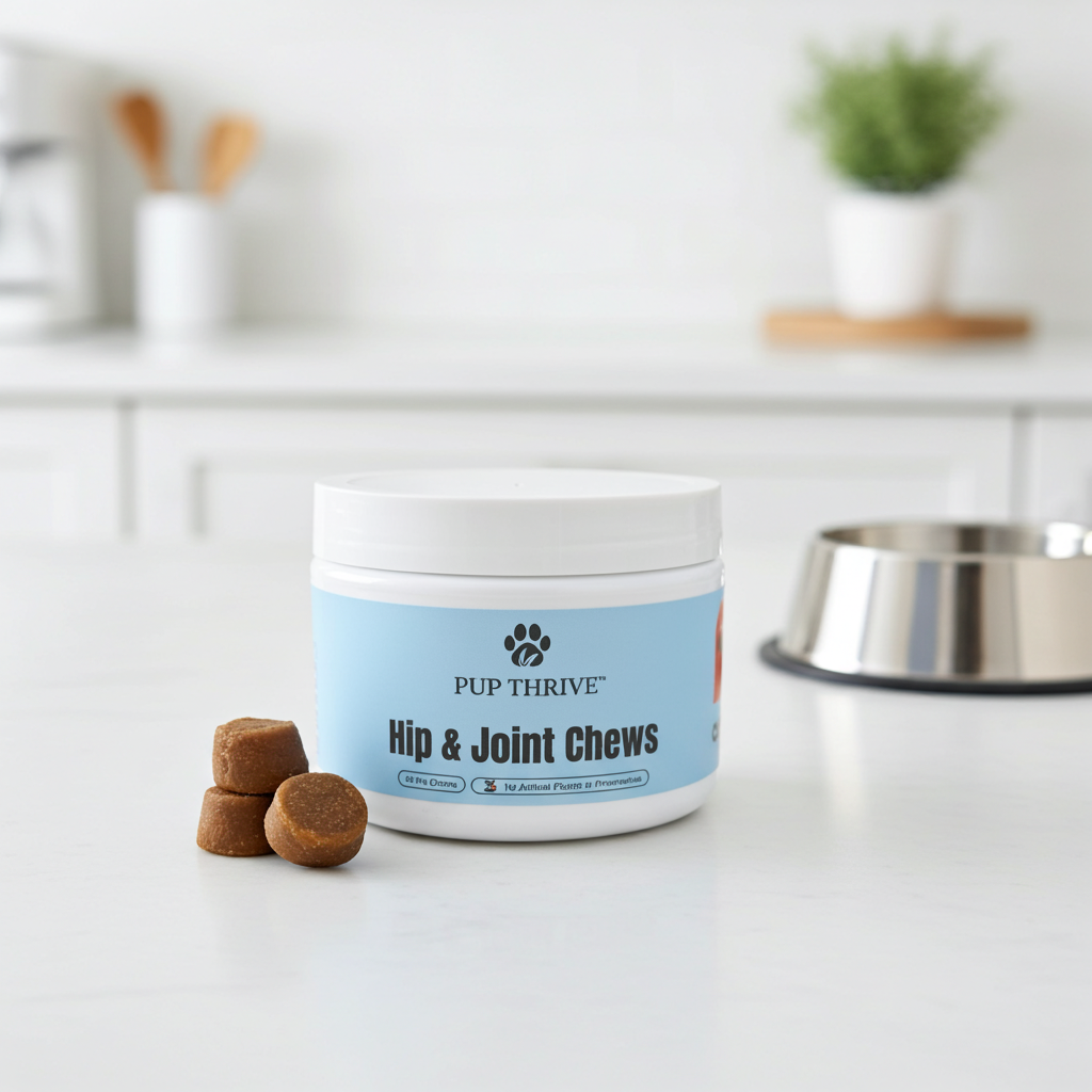 Container of Pup Thrive Hip & Joint Chews on a kitchen counter with treats beside it.