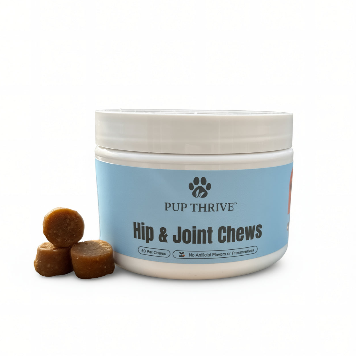 Jar of Pup Thrive Hip & Joint Chews on a white background