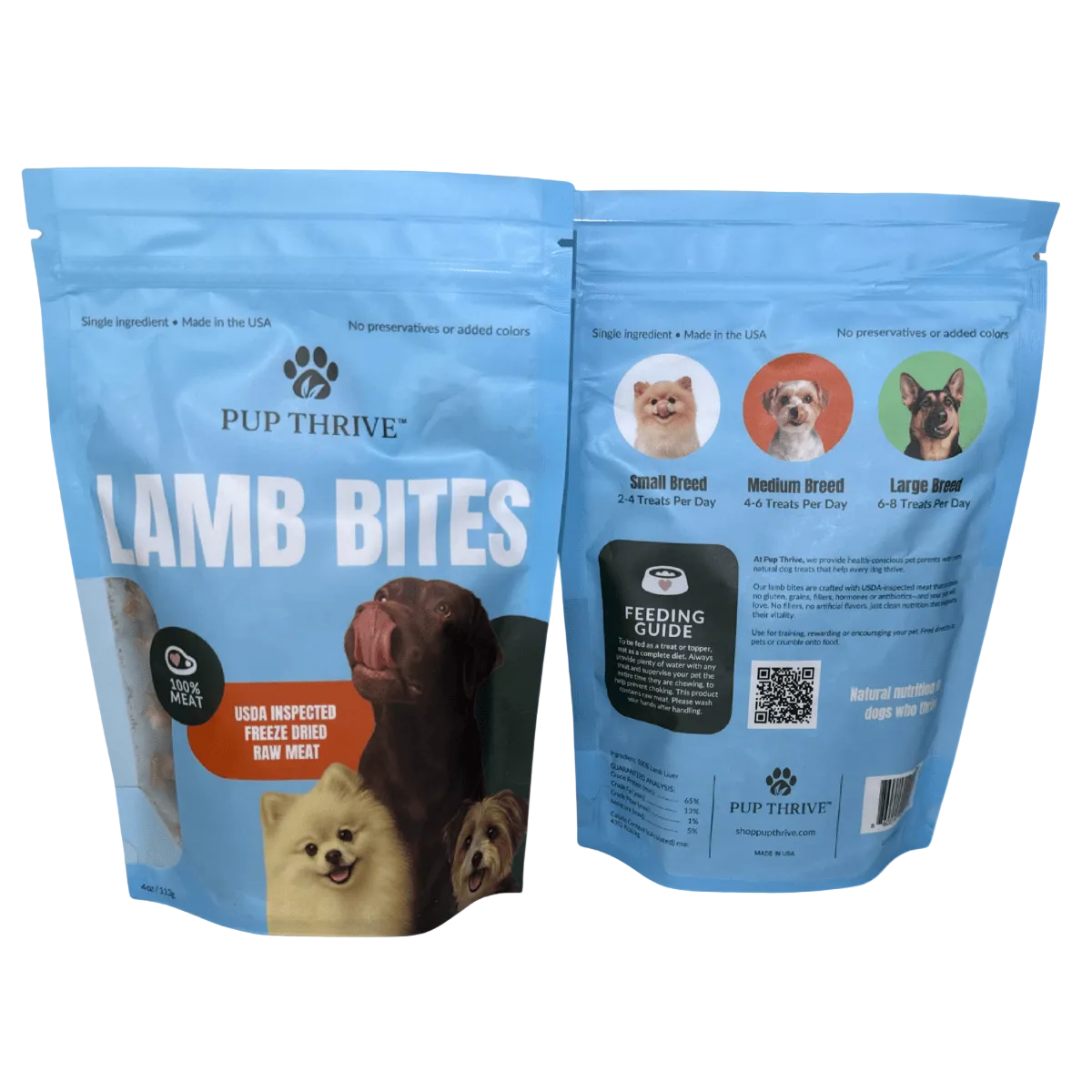 Pup Thrive Lamb Bites dog treat package on a white background