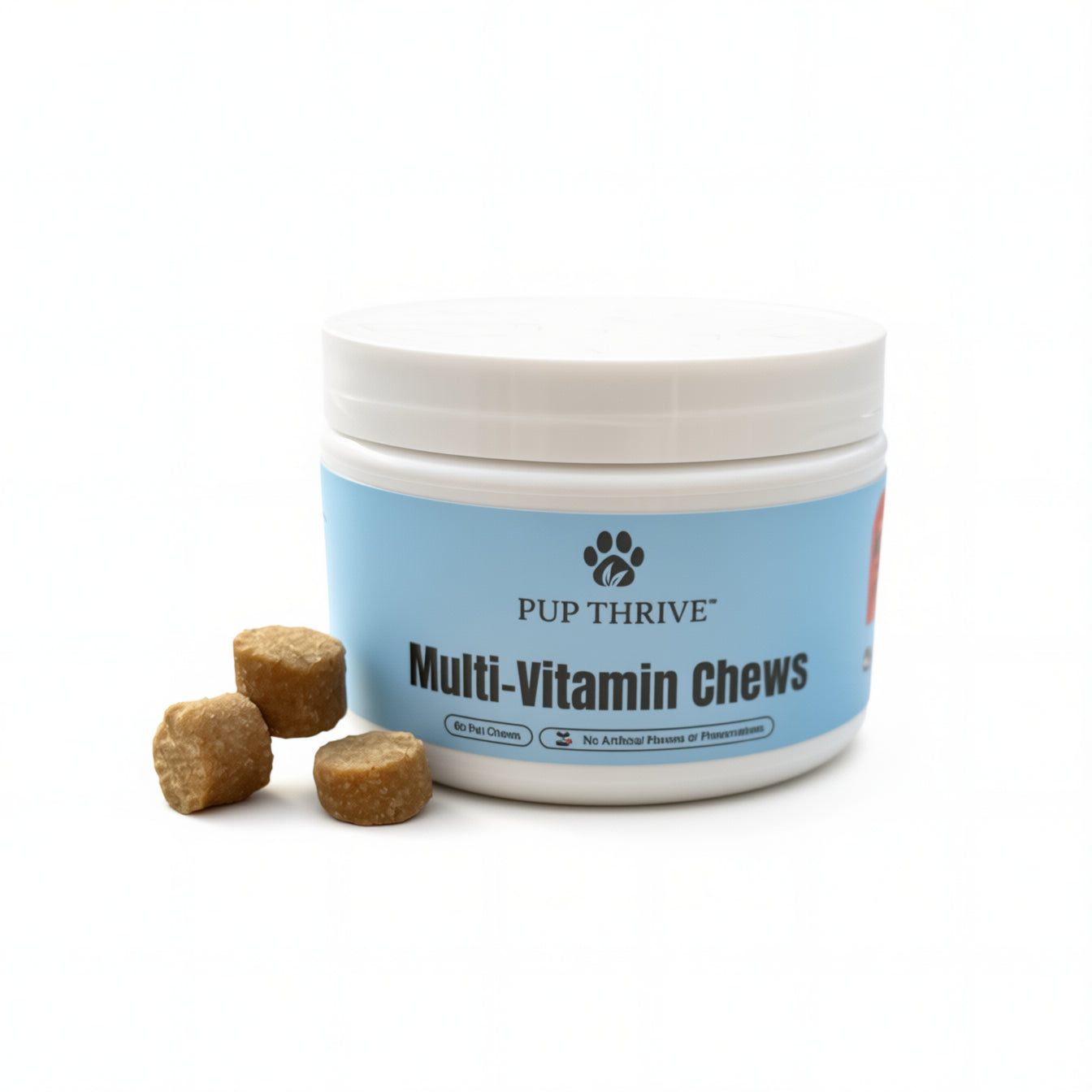 Jar of Pup Thrive Multi-Vitamin Chews with treats on a white background