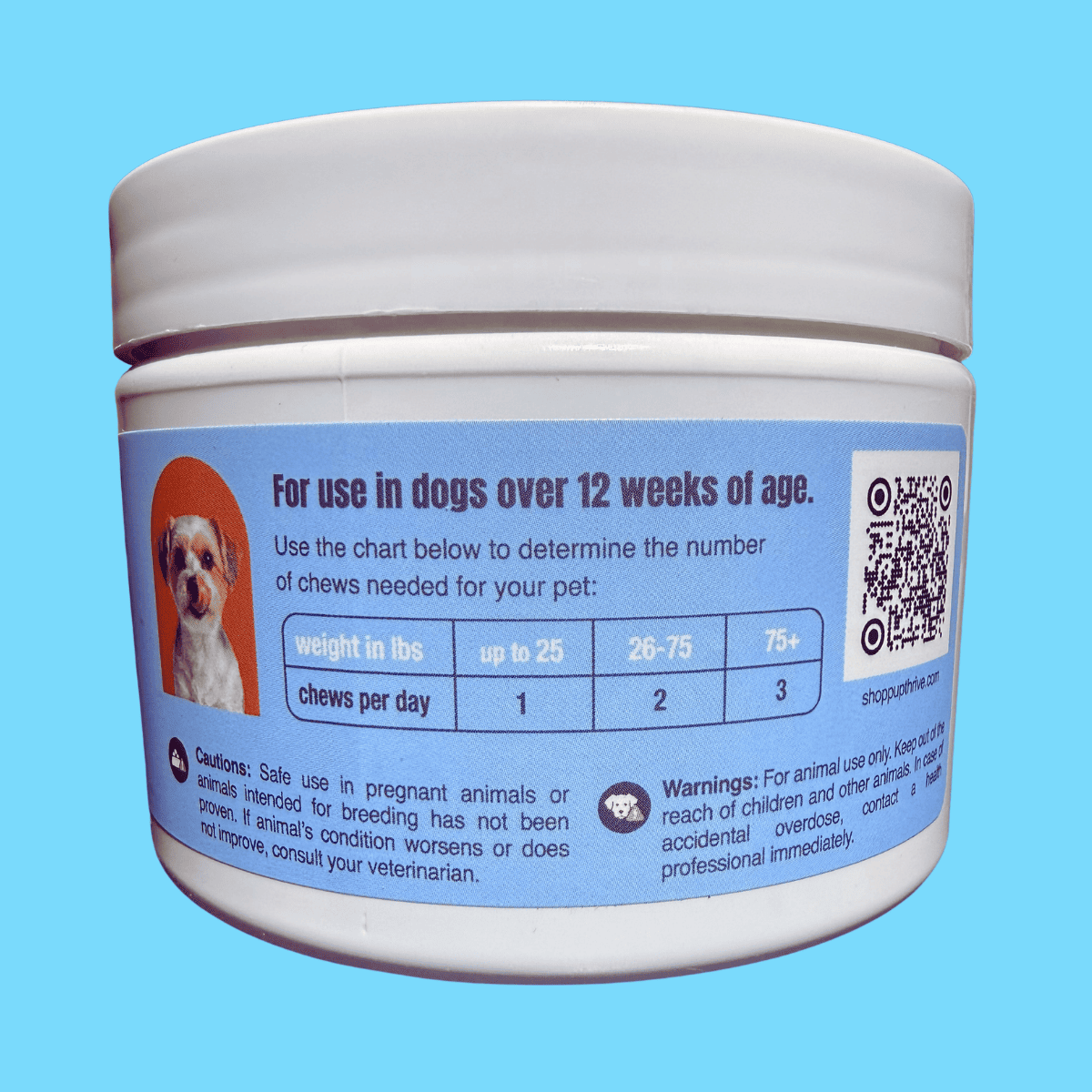 Pet supplement container with label and QR code on a blue background