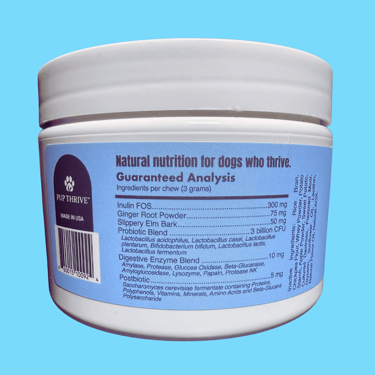 Jar of dog supplement with label on a blue background