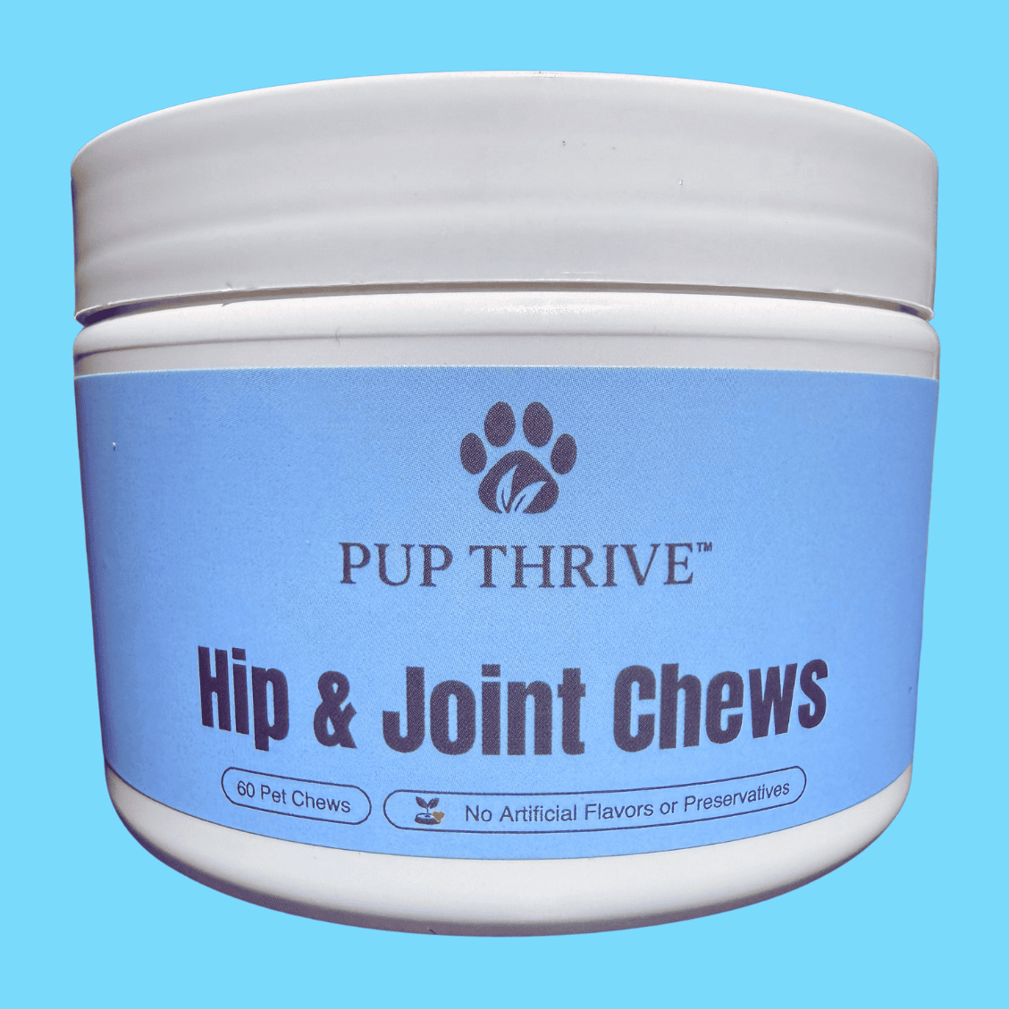 Jar of Pup Thrive Hip & Joint Chews on a blue background