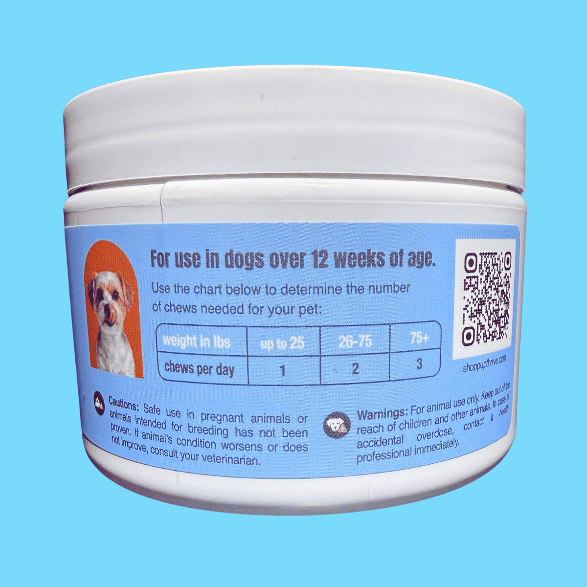 Pet supplement container with blue label and QR code on a blue background