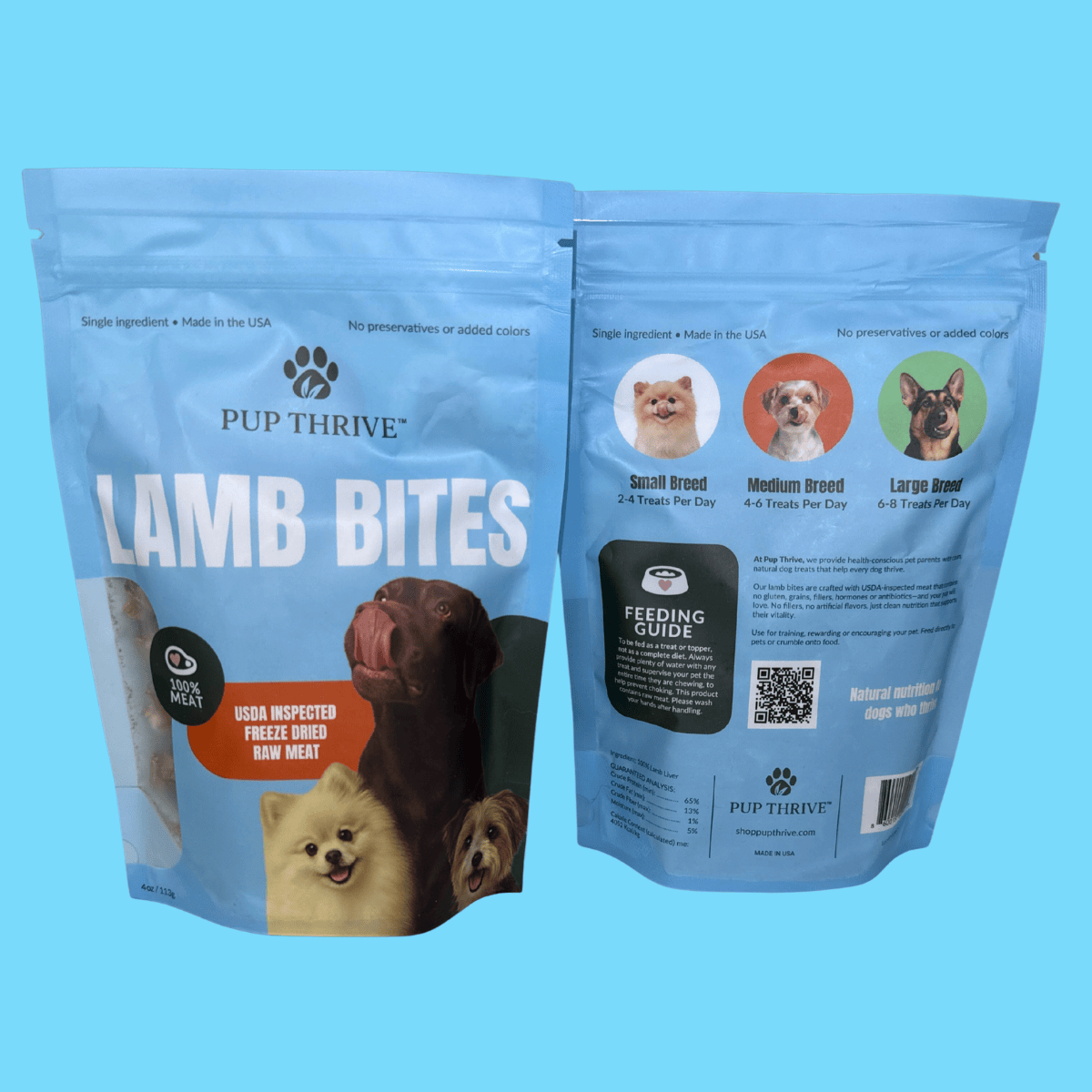 Pup Thrive Lamb Bites dog treat package on a blue background
