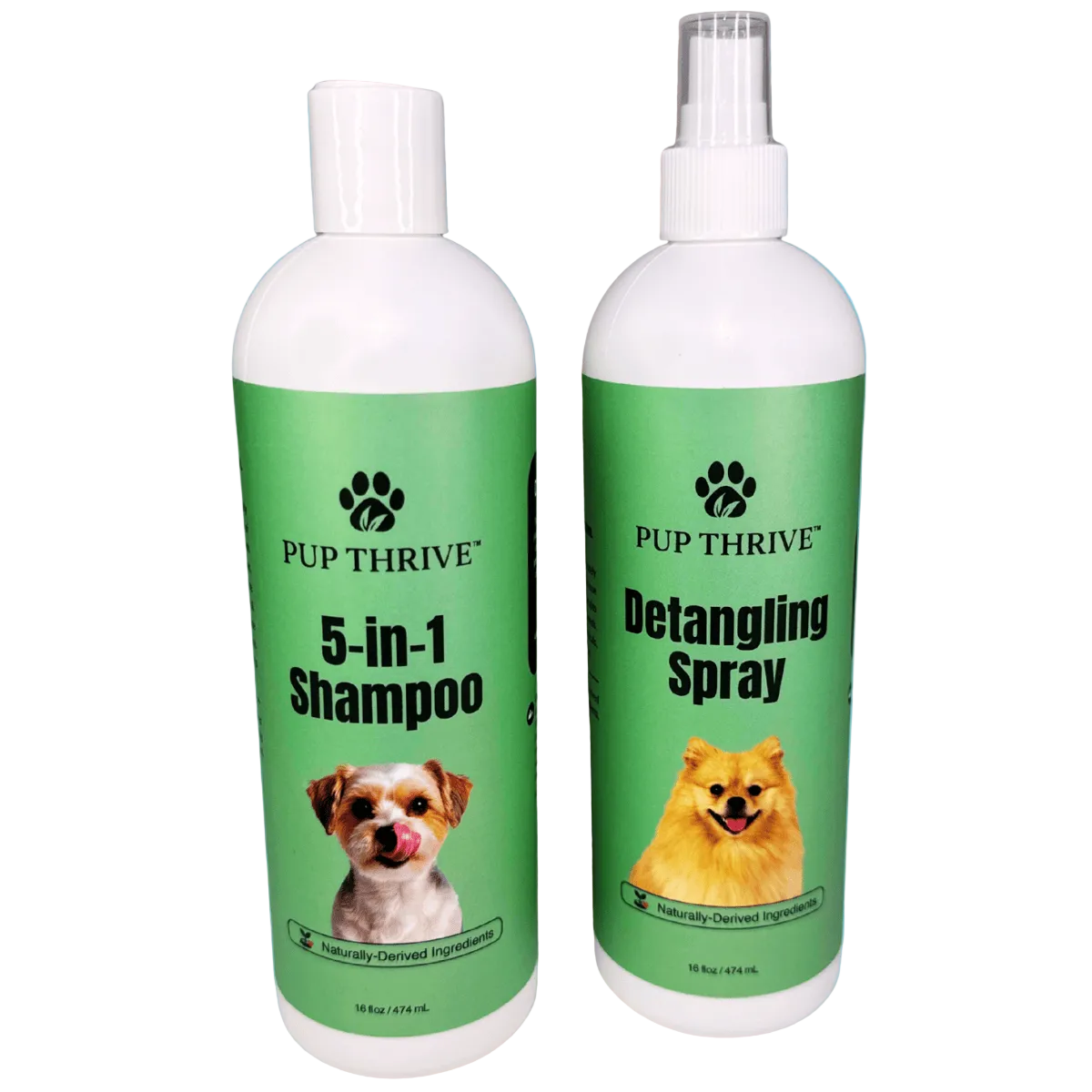 Two 16oz bottles of Pup Thrive pet care products on a blue background. 5-In-1 Shampoo and Detangling Spray are the products in the image.