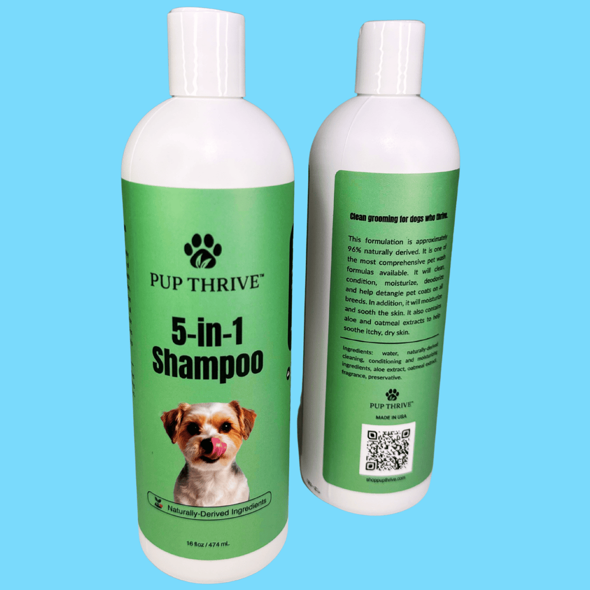 Two bottles of Pup Thrive 5-in-1 Shampoo on a blue background