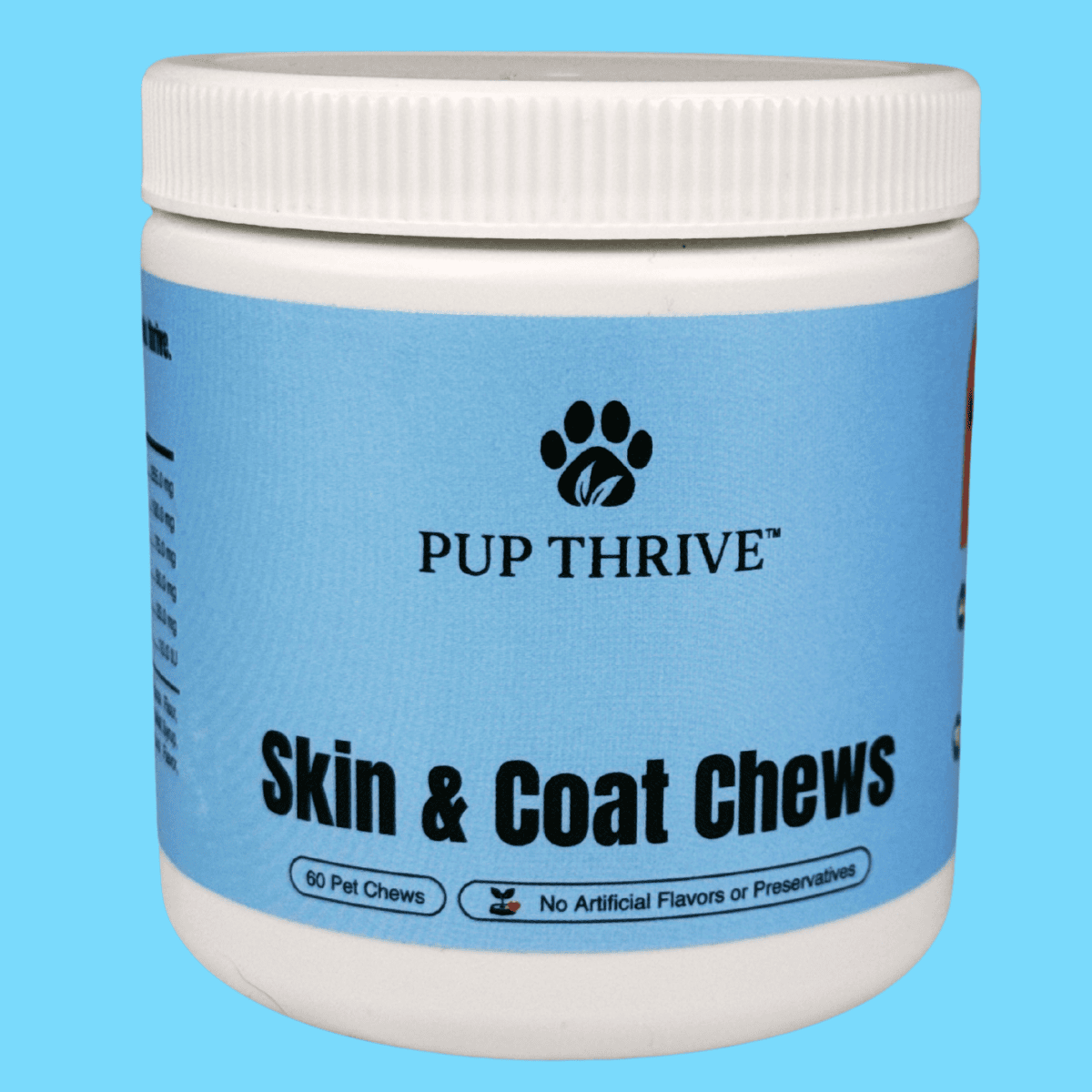 Jar of Pup Thrive Skin & Coat Chews on a blue background