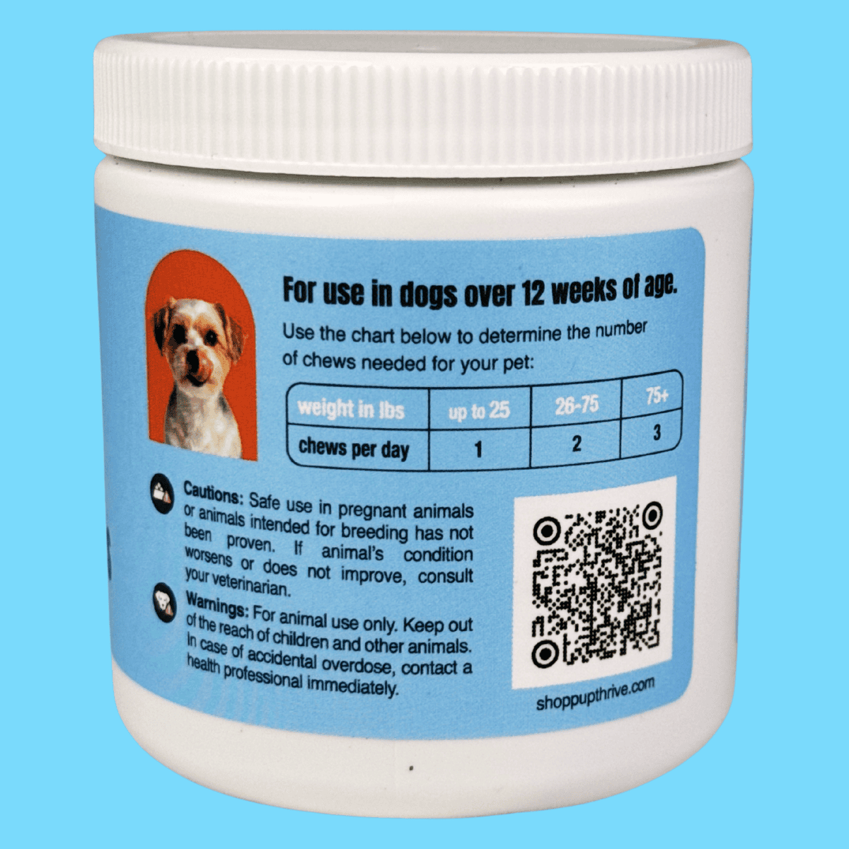 Dog supplement jar with label and QR code on a blue background