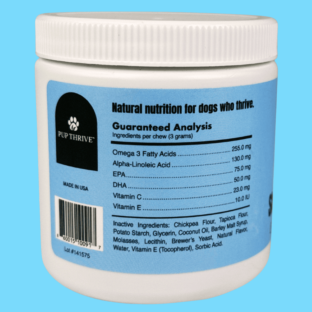 Container of Pup Thrive dog supplement with label on a blue background