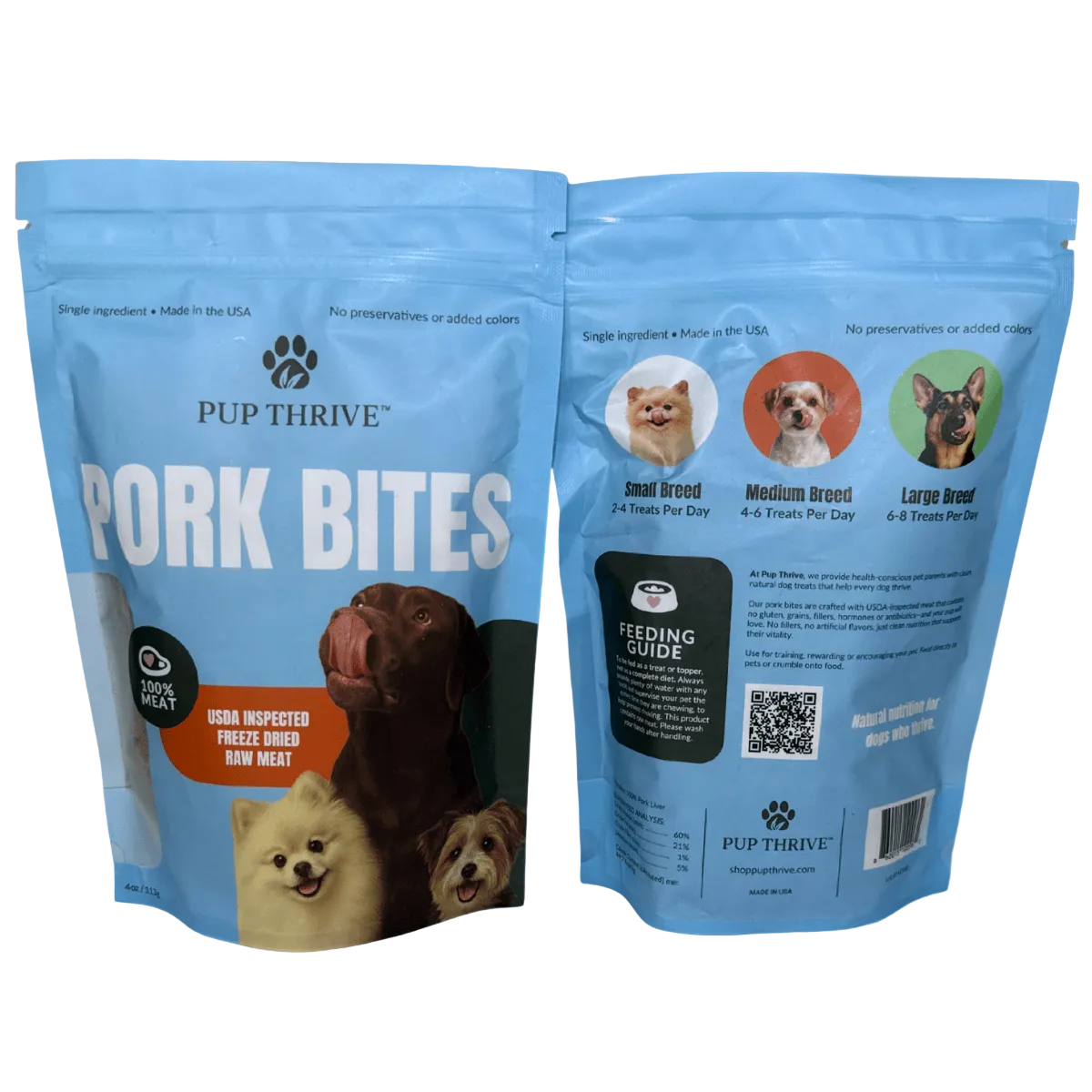 Pup Thrive Pork Bites packaging on a white background