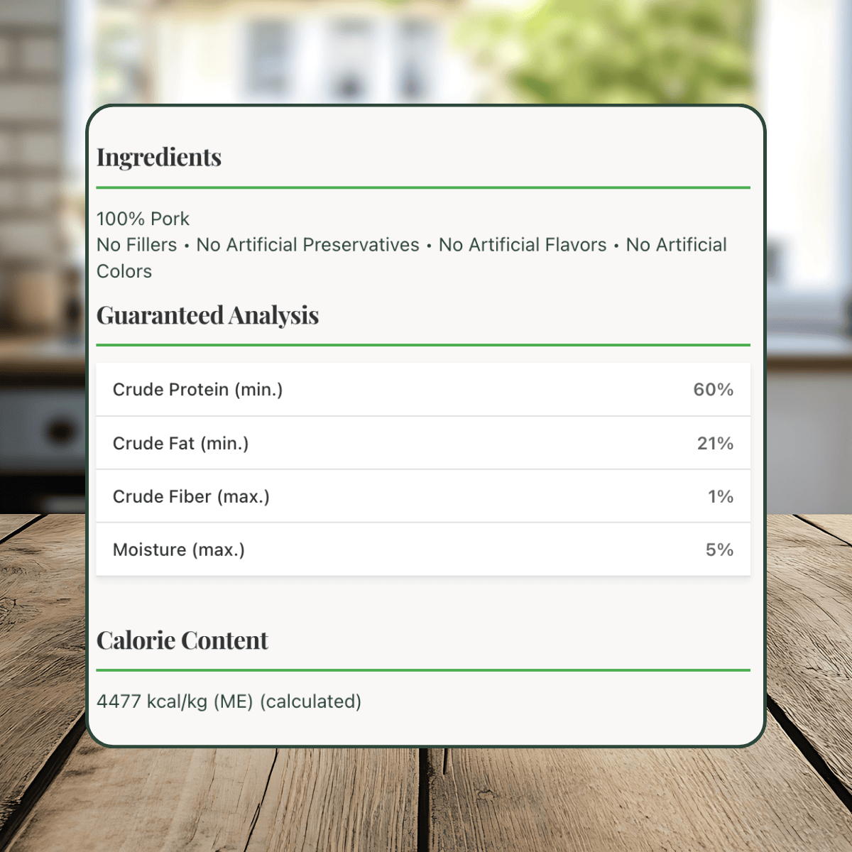 Nutritional label for pork bites on a wooden surface with a blurred background