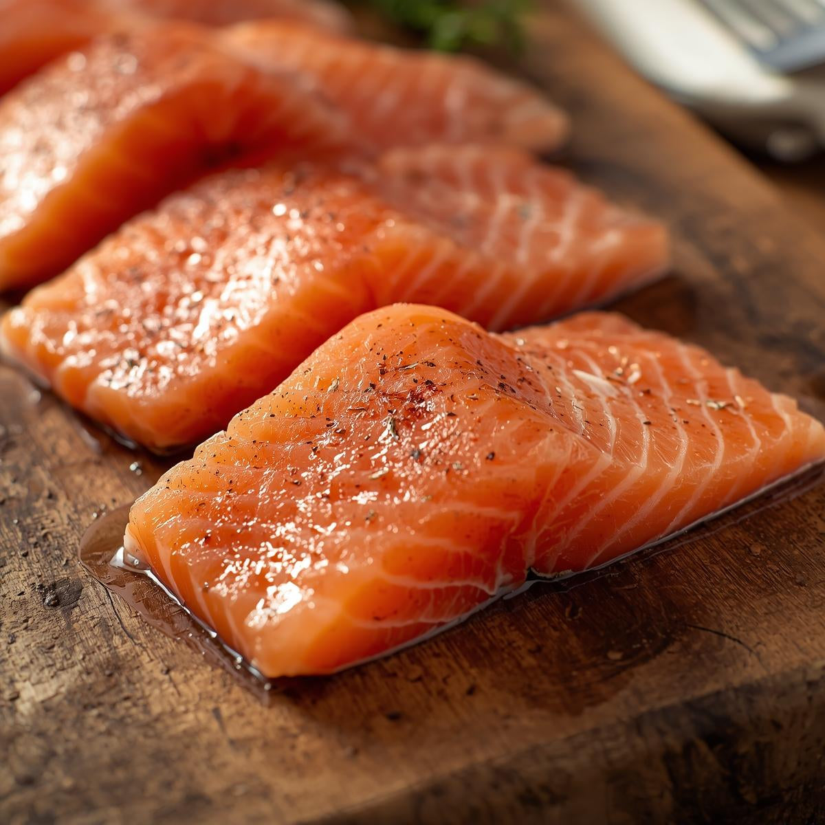 Raw salmon fillets on a wooden cutting board
