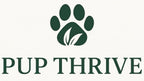 Logo for 'Pup Thrive' with a green paw print and leaves on a white background