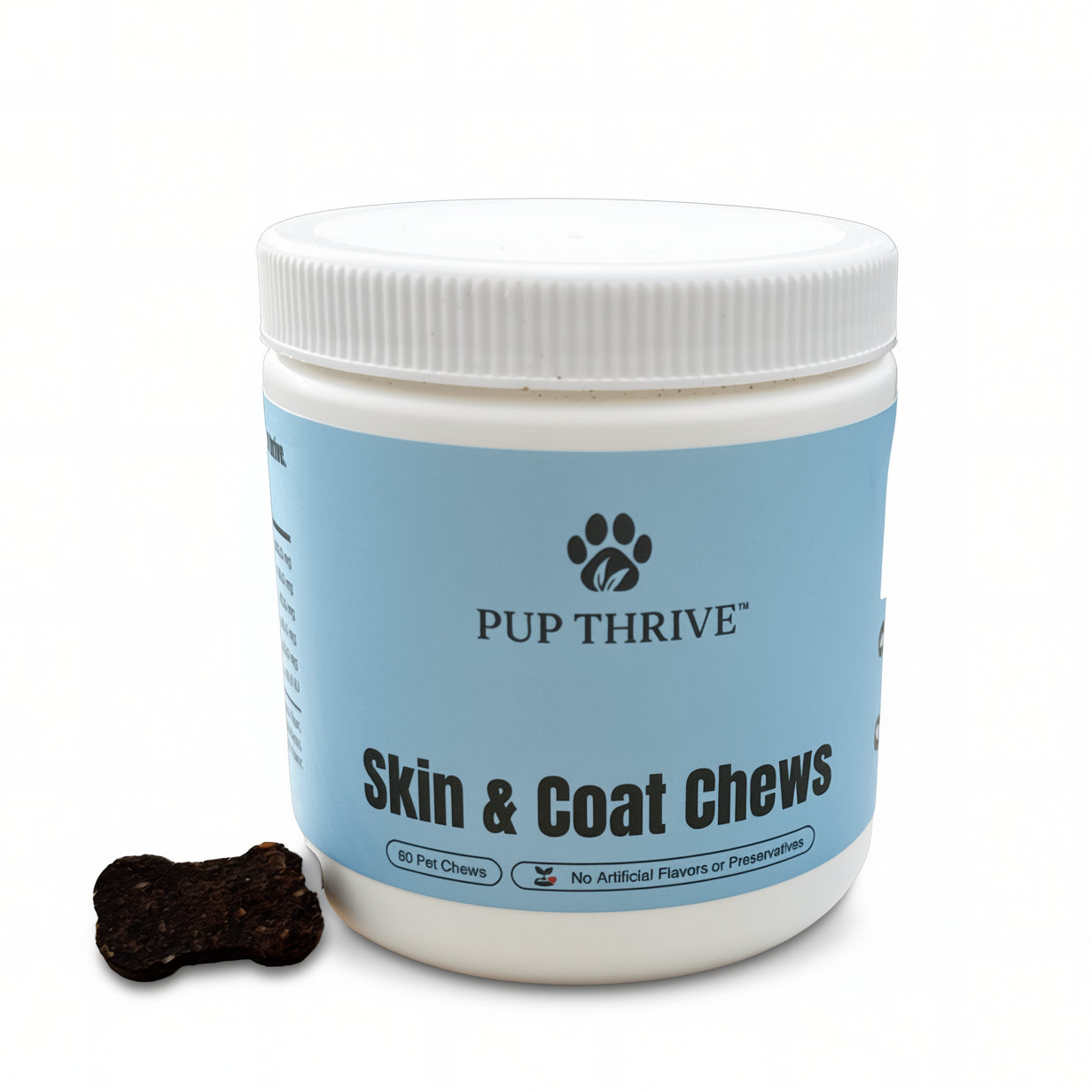 Jar of Pup Thrive Skin & Coat Chews with a small dog chew next to it on a white background