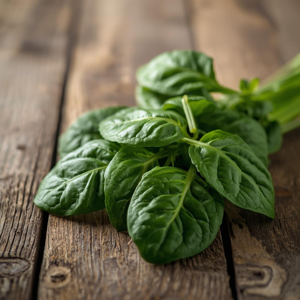Fresh spinach leaves on a wooden surface