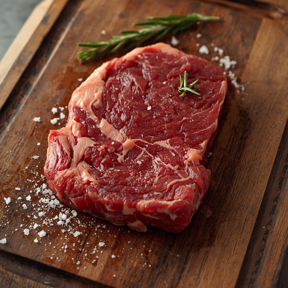Raw steak on a wooden cutting board with rosemary and salt