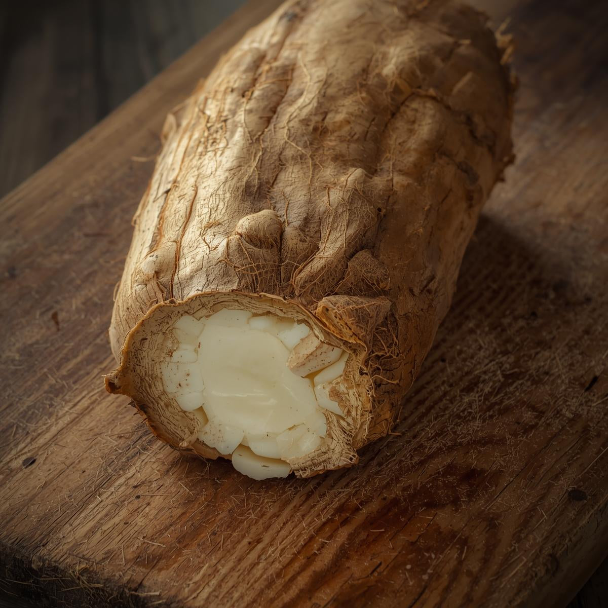 Sliced yucca root on a wooden surface