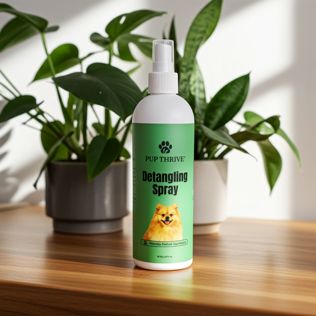 Detangling spray bottle for pets on a wooden surface with plants in the background