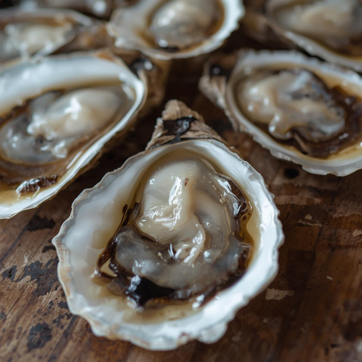 Close-up of oysters on a wooden surface