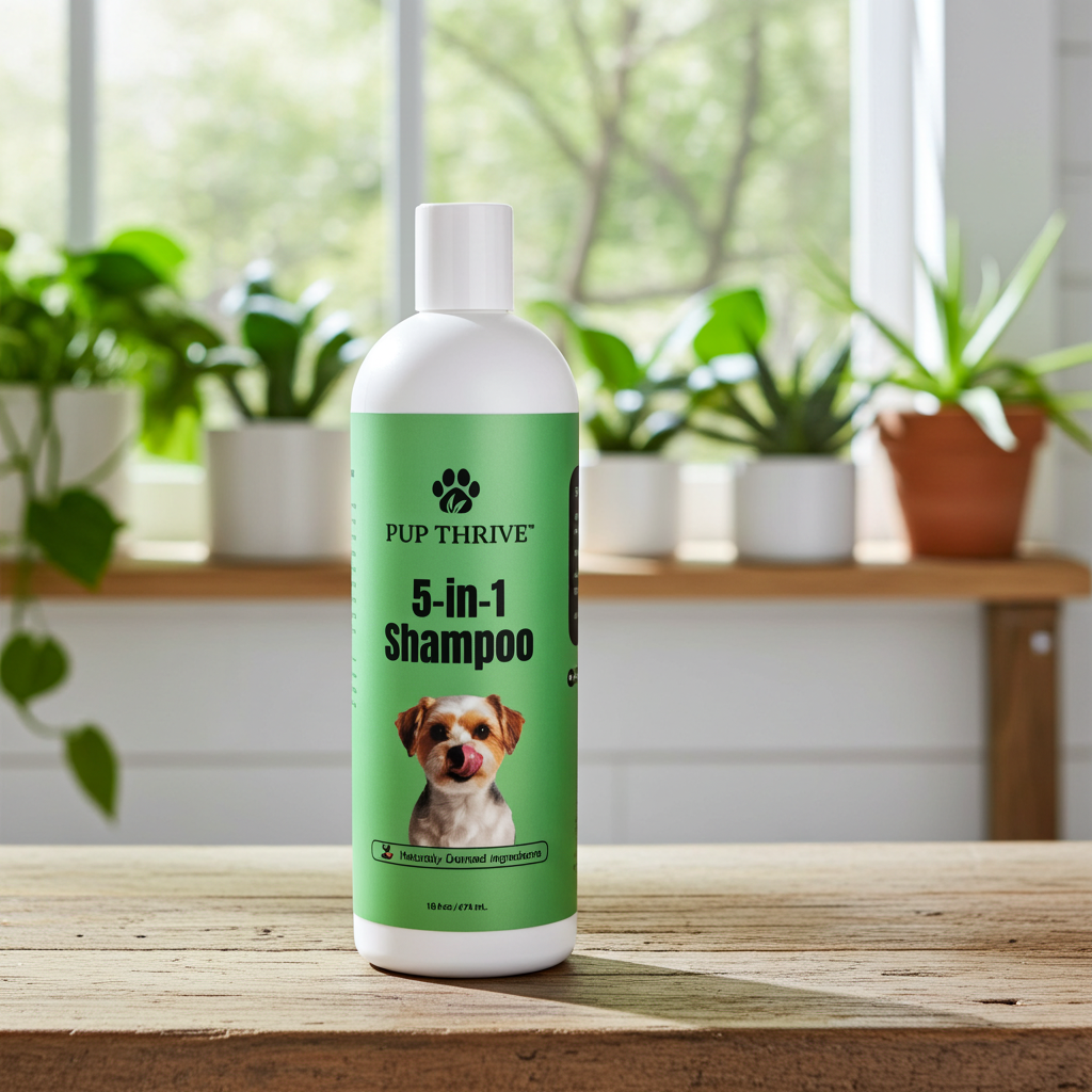 Pup Thrive 5-in-1 Shampoo bottle on a wooden surface with plants in the background