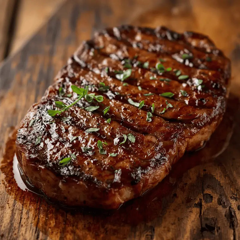 Close-up shot of grilled beef bites on a wooden cutting board with fresh garnishes.
