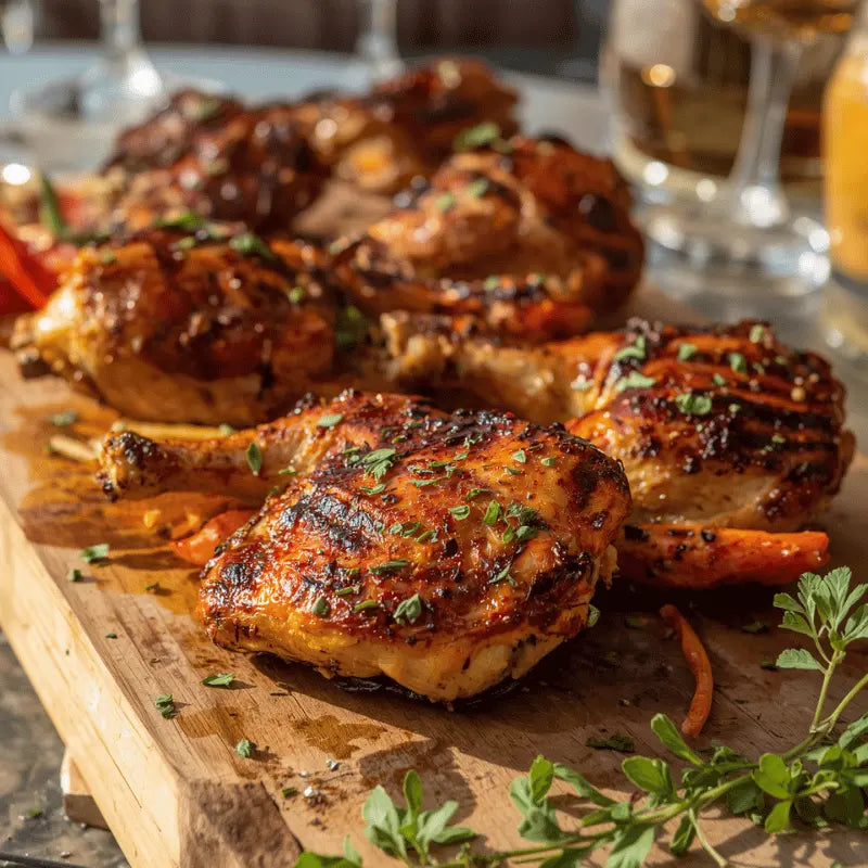 Close-up shot of grilled chicken bites on a wooden cutting board garnished with fresh herbs.