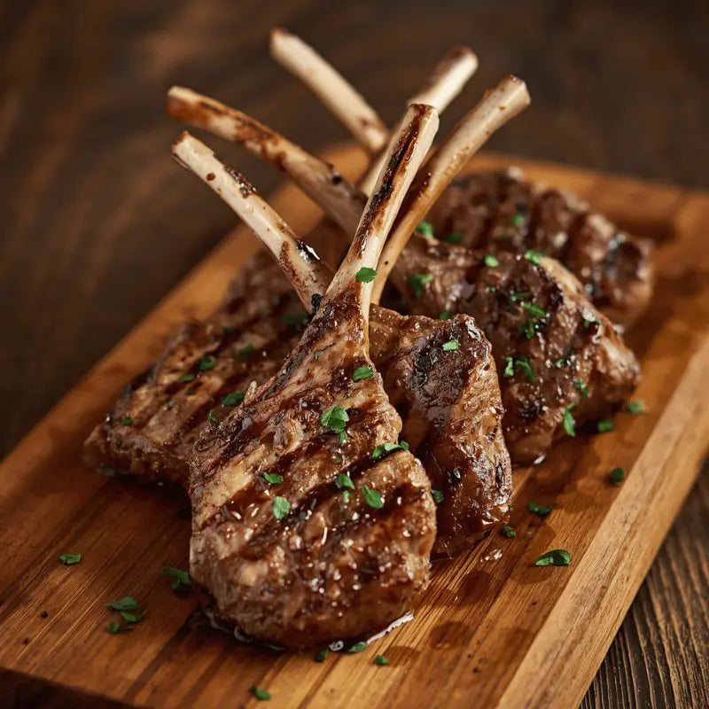 Close-up shot of grilled lamb bites on a wooden cutting board with fresh herbs.