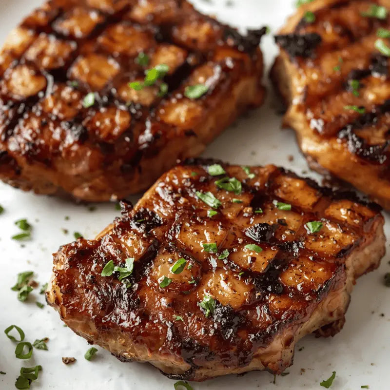 Close-up shot of grilled pork bites arranged on a rustic wooden cutting board.
